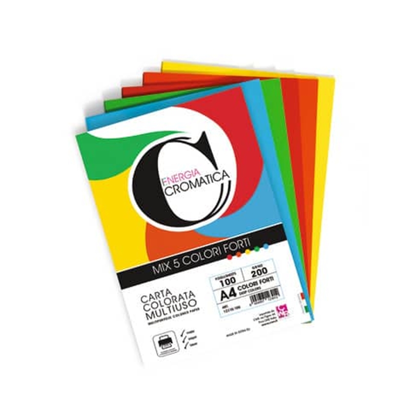 Risma 100 fg. cartoncino 200 gr. A4 colori intensi