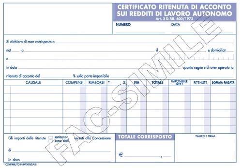 Certificati ritenute acconto 2 copie carta chimica