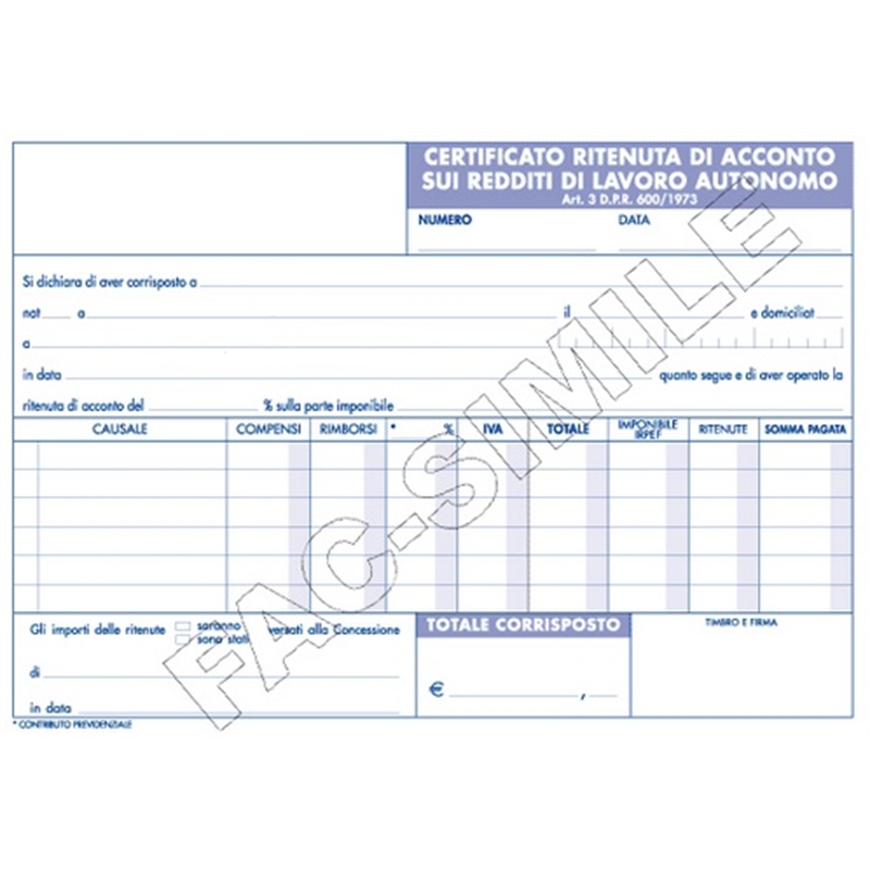Certificati ritenute acconto 2 copie carta chimica
